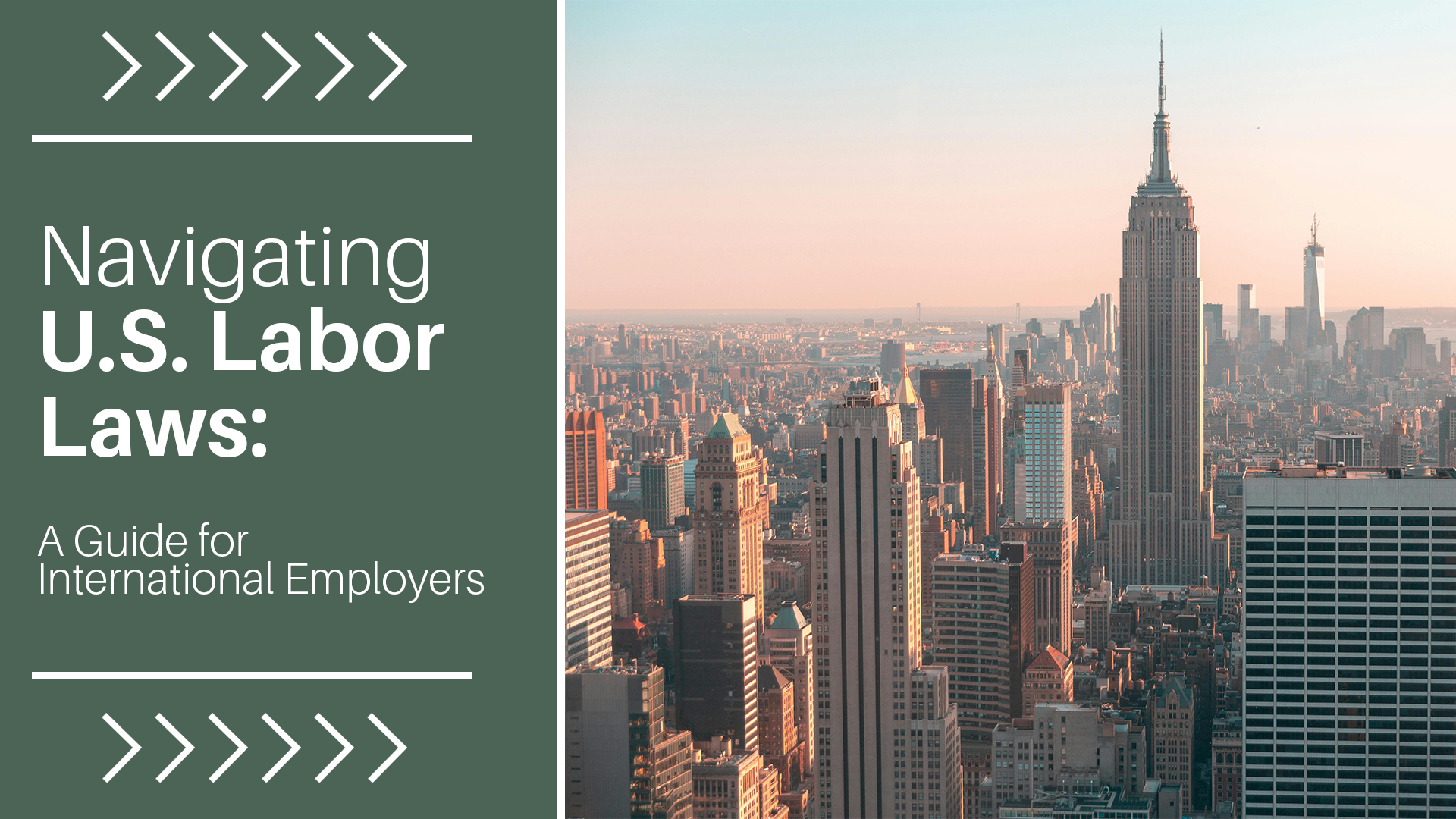 a city skyline text reads Navigating U.S. Labor Laws: A Guide for International Employers